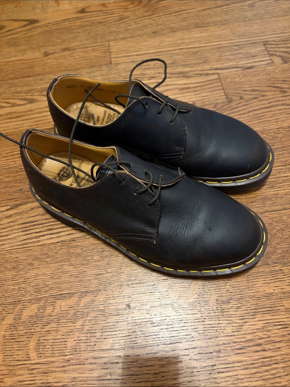 Dr. Martens Black Leather Derby Shoes with Yellow Stitching